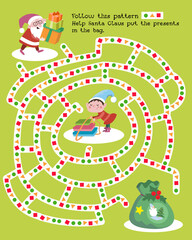 Santa Claus and elves are preparing for Christmas. Puzzle maze for kids. Children game scene for design. Vector illustration.