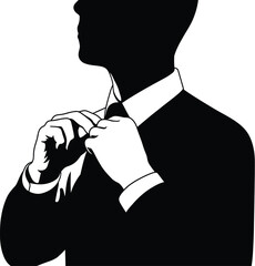 Vector art of silhouette of a man in a suit adjusting his tie, , symbolizing business, fashion, and a confident, professional demeanor