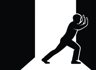 Vector art of silhouette of a man pushing against a door, symbolizing effort, struggle, and force to overcome a challenge or obstacle with strength and determination