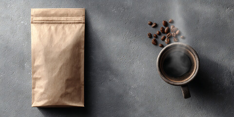 Coffee beans cup and bag on gray surface aromatic beverage and cafe concept

