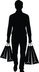 Vector art of silhouette of a man walking with shopping bags, showcasing retail consumerism, style, and the act of purchasing goods in a modern lifestyle