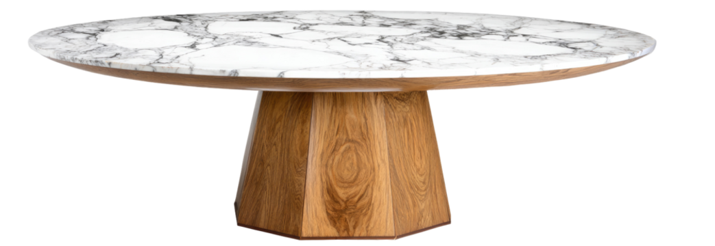 Oval Marble Top Dining Table with Wooden Base