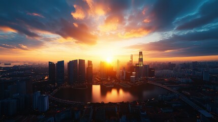 Fototapeta premium Stunning cityscape at sunset featu tall skyscrapers modern buildings and vibrant sky reflections