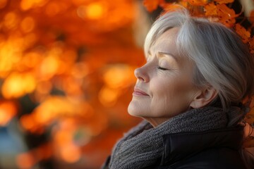 Fototapeta premium Senior woman standing outdoors against a colorful autumn background with her eyes closed, enjoying the serenity and beauty of nature, Generative AI