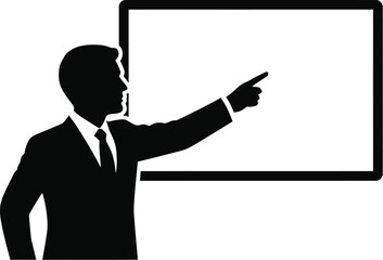 Vector art of silhouette of a teacher or businessman presenting a whiteboard, representing education and business