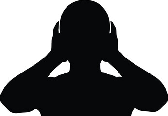 Vector art of silhouette of a man covering his ears, symbolizing silence, hearing protection, and the desire to block out noise