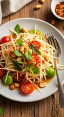 A plate of yummy spicy Thai papaya salad