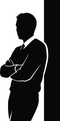 Vector art of silhouette of a man leaning against a wall with arms crossed, , creating a striking contrast in black and, showcasing confidence and style