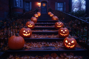 Obraz premium Halloween pumpkins on house steps.