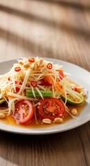 A plate of yummy spicy Thai papaya salad