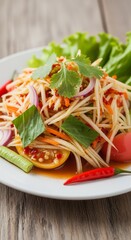 A plate of yummy spicy Thai papaya salad