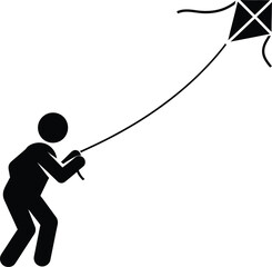 Vector art of silhouette of a person flying a kite, , depicting an outdoor recreational activity in a fun and playful style with a simple black design