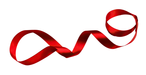 A vibrant red ribbon, elegantly curved and flowing against a black background.  The ribbon's texture suggests a silky material