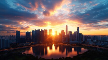Fototapeta premium Breathtaking city skyline at sunset with vibrant clouds and reflective river in a modern urban landscape