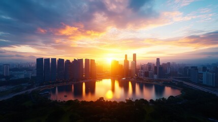 Fototapeta premium Breathtaking cityscape at sunset with skyscrapers high-rise buildings glowing over river reflection