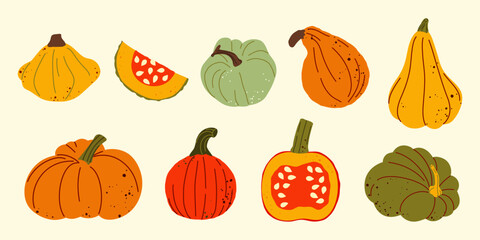 Set of cute colorful pumpkins. Fall seasonal elements for greeting cards, Thanksgiving design, etc.