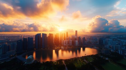 Fototapeta premium Breathtaking cityscape at sunset featu a skyline of modern high-rise buildings surrounding a tranquil river with colorful clouds overhead