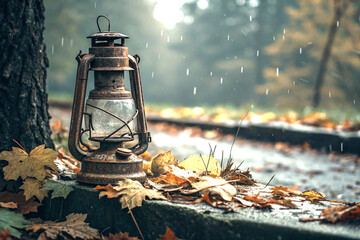 Rusty vintage lantern with autumn leaves on a rainy moody grunge day