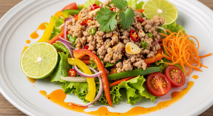 A plate of spicy salad with minced pork and mixed vegetables.