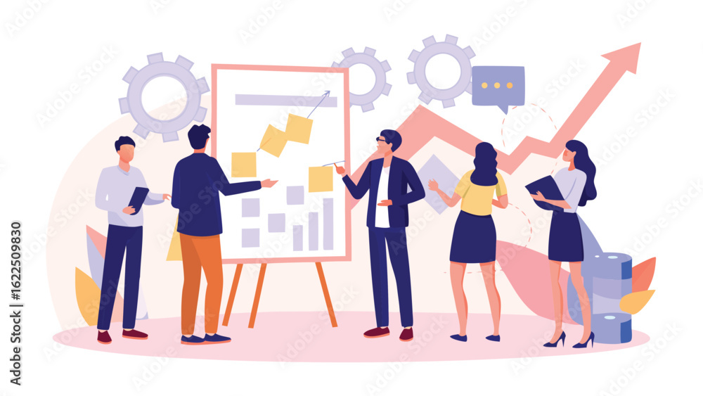 Poster team discussing strategy on whiteboard with gears and upward arrow in a business presentation settin