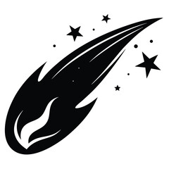 Isolated Illustration Black Silhouette of a Comet with Stars and Sparkles Trailing