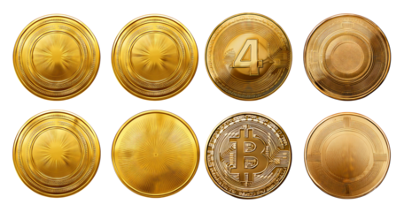 Golden Coins Collection Featuring Bitcoin and Numeric Symbols, Bundle Set Collection, Isolated on Transparent Background