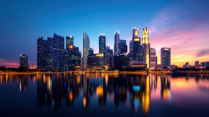 Fototapeta premium City skyline at dusk reflecting vibrant twilight colors with modern skyscrapers and illuminated buildings