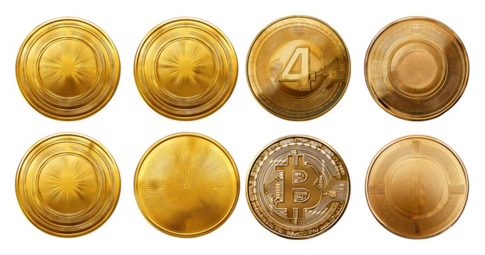 Golden Coins Collection Featuring Bitcoin and Numeric Symbols, Bundle Set Collection, Isolated on Transparent Background - Powered by Adobe