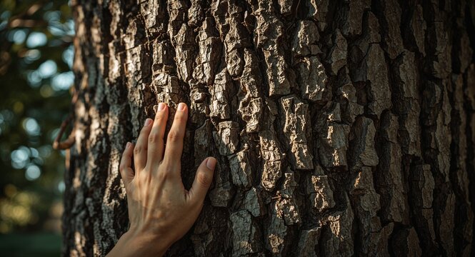 A hand gently touching the rough bark of a large tree - Powered by Adobe