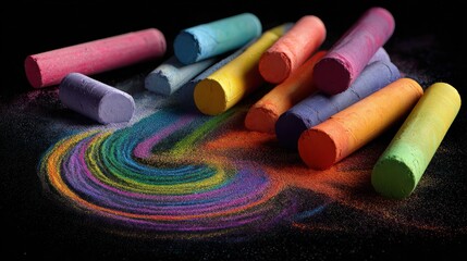 Colorful chalk sticks scattered on a black surface with swirling chalk dust design