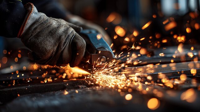 Skilled metalworker using a grinder on steel