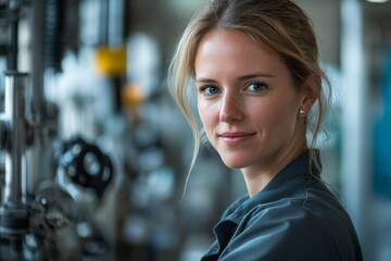 Portrait of a female engineer working in an industrial factory, conducting quality control checks and ensuring the smooth operation of manufacturing processes, Generative AI