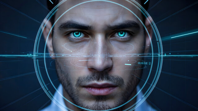 Close up of a man with glowing blue eyes surrounded by digital interface - Powered by Adobe