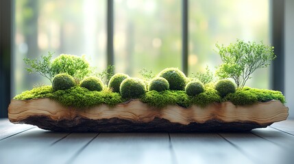 Miniature Zen Garden with Moss and Bonsai Trees on a Wooden Plank for Home Decor and Relaxation