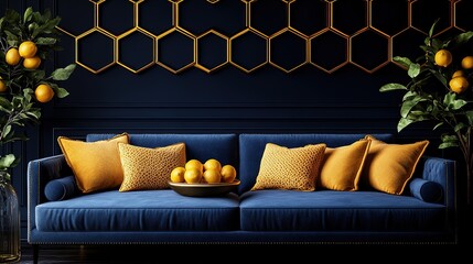 Navy Blue Sofa with Gold Pillows and Citrus Decor in Modern Interior Design
