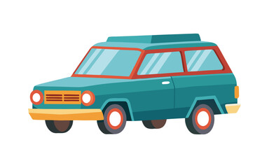 Retro Cartoon Illustration of a Classic Station Wagon with Exaggerated Proportions and Vibrant Colors in Vintage Comic Art Style