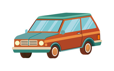 Retro Cartoon Illustration of a Classic Station Wagon with Exaggerated Proportions and Vibrant Colors in Vintage Comic Art Style