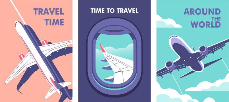 Fototapeta Passenger plane parked on the runway. View through the porthole of aircraft. Airplane gaining altitude between clouds. Travel, journey concept. Vector illustration in a minimalistic style.