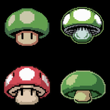 pixel art game mushrooms &ndash; retro 8-bit style green and red mushroom icons