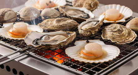 Many fresh of oyster, clam and scallop are grilling on a stainless grill.