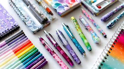 Assorted Colorful Pens And Notebooks On A White Desk