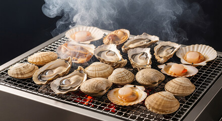 Many fresh of oyster, clam and scallop are grilling on a stainless grill.