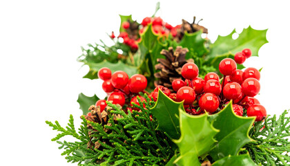 Winter berries and evergreen sprigs in festive arrangement, isolated on transparent background.