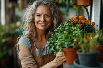 Portrait of a beautiful mature woman taking care of plants on her balcony, spending her free weekend at home, fostering a peaceful and nurturing environment, Generative AI