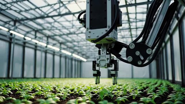 Autonomous robot in a greenhouse with a robotic arm transplants seedlings into soil. Smart Farming. Computerized crop management. Modern agricultural technologies