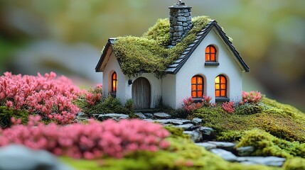 Cozy Fairy House with Mossy Roof and Warm Glow, Surrounded by Pink Flowers and Greenery