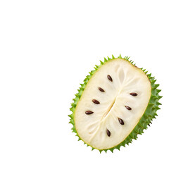 Soursop fruit cut in half showing white flesh and seeds