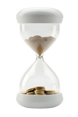 Hourglass with flowing sand and gold coins symbolizing passage of time and financial