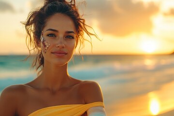 Woman with a broken arm on the beach, wearing an arm cast, illustrating how family vacations can sometimes involve unexpected injuries during leisure time, Generative AI