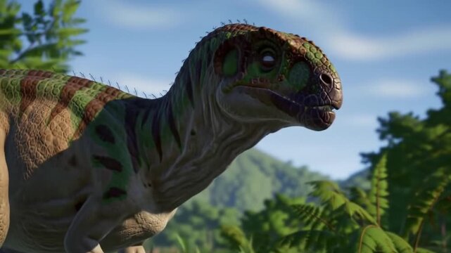 Crested Dinosaur with Green Stripes Sniffing Outdoors Under a Sunny Sky in Lush Landscape with Green Vegetation Under Bright Daylight Condition Close Up